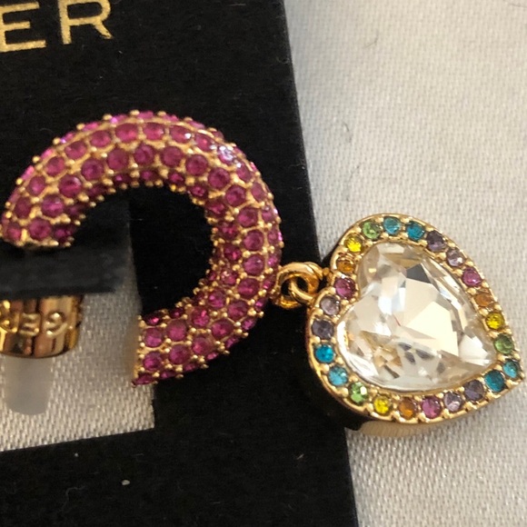 Kurt Geiger Gold Tone Pink Crystal Huggie Hoops With Heart Crystal Charm NWT - Picture 6 of 12